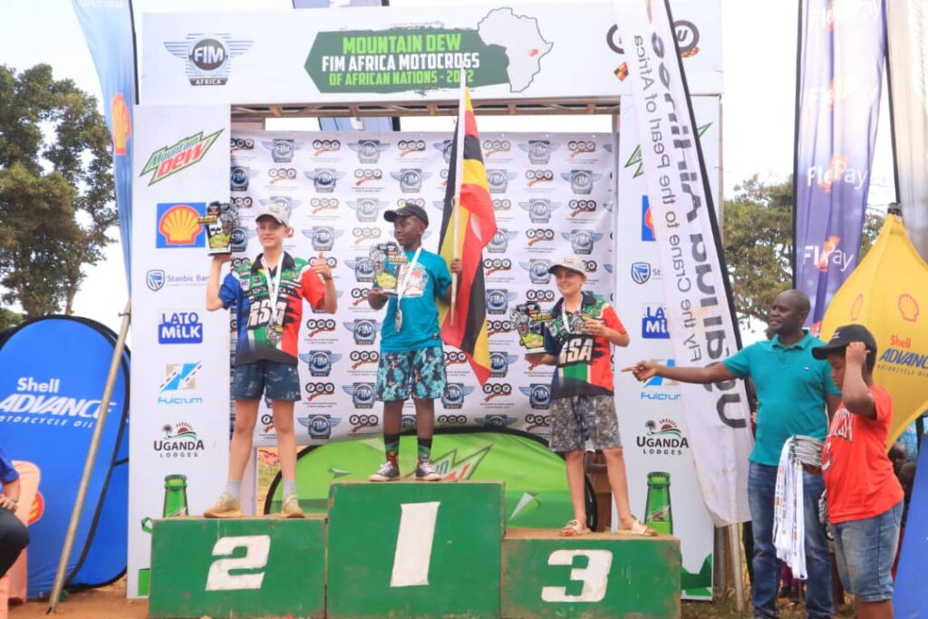 Gift Ssebuguzi (centre) as he was crowned 85cc champion after the MXOAN event in Garuga. South Africa's Ronald Graven in second (left) and Caden Weise (right)