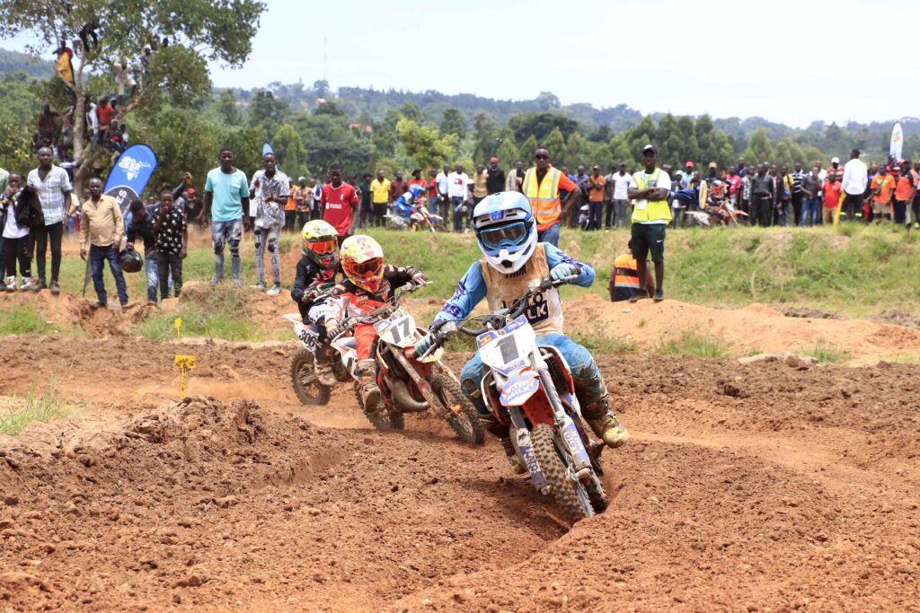 Miguel Katende in the front on bike number one as he led the 65cc class, Ramathan Mubiru on bike 17, and in the back is Liam Mbogo from Kenya